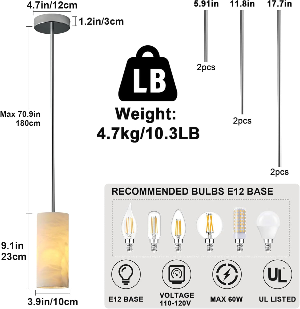 Alabaster Pendant Lights Kitchen Island, Nickel Hand Carved Alabaster Cylinder Pendent, Spanish Natural Marble Light Pendant for Bedroom Bathroom Dining Room Living Room- 3 PC