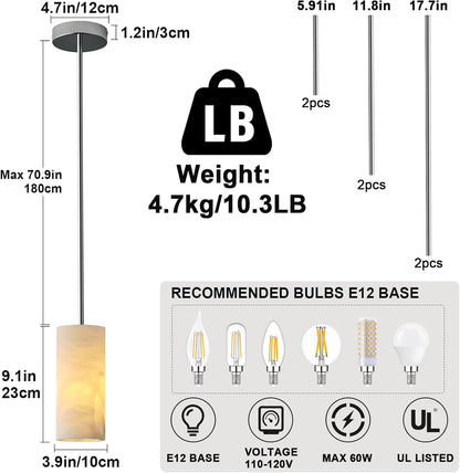 Alabaster Pendant Lights Kitchen Island, Nickel Hand Carved Alabaster Cylinder Pendent, Spanish Natural Marble Light Pendant for Bedroom Bathroom Dining Room Living Room- 3 PC