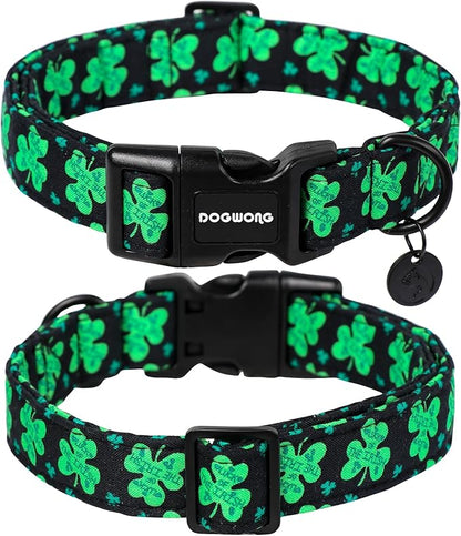 DOGWONG Black St. Patrick's Day Dog Collar, Green Lucky Clover Shamrock Dog Collar Soft Durable Adjustable Costume Bright Lucky Charm Puppy Collar for Small Medium Large Dog