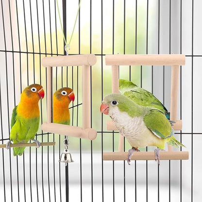 Wontee Bird Mirror Bird Toys for Budgies Parakeets Cockatiels Lovebirds Conures (Wood color-2pcs)