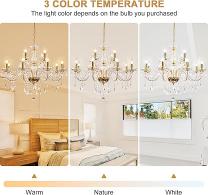 Modern Elegant 15 Lights K9 Crystal Glass Chandelier Golden Pendant Ceiling Lighting European Style for Dining Living Room Bedroom Transparent,15 E12 Bulbs Required