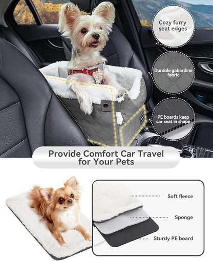 PETSFIT Center Console Dog Car Seat with Safe Protection Hooks, Pet Car Seat with Upgraded Safety Tethers, Washable Cushion, Console Dog Car Seats for Small Dogs Up to 8 Lbs (Grey)