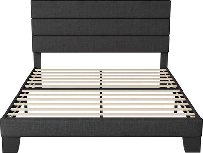 Allewie Full Size Platform Bed Frame with Fabric Upholstered Headboard and Wooden Slats Support, Fully Upholstered Mattress Foundation/No Box Spring Needed/Easy Assembly, Dark Grey