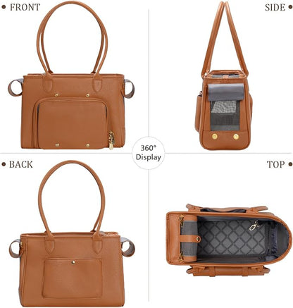 Minsong Fashion Pet Carrier Purse for Small Cat and Dog, Luxury Pu Soft-Sided Tote Bag with Large Pockets for Dogs and Puppies (Brown, 13.6" L x 6" W x 10.0" H)
