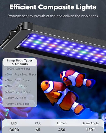 Pawfly 12W Saltwater Aquarium Light for 12" to 18" Fish Tanks Dimmable LED Reef Light for Coral Extendable Marine Fish Tank Light with Full Spectrum D/N Mode Timer Auto On/Off Adjustable Brightness