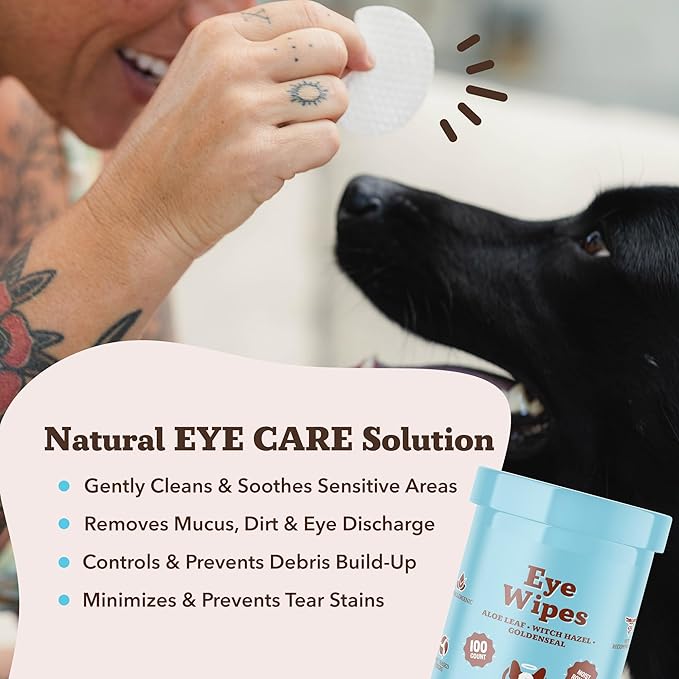 Natural Dog Eye Wipes for Dogs -100 Ct- Soothing Dog Eye Wipes with Natural, Non-Irritating Ingredients Green Tea & Goldenseal, Effective Dog Tear Stain Remover Wipe & Dog Eye Gunk Remover Wipe, Vegan
