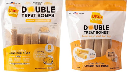 Ultra Chewy Double Treat Bones: Long-Lasting Treats Made in USA for Large and Small Breeds, Highly Digestible, for Aggressive Chewers (Peanut Butter and Chicken Flavor, 2 Packs)