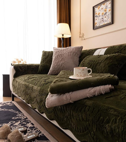 Green Fuzzy Rabbit Plush Sofa Cover Cozy Warm Sofa Couch Covers with 3D Jacquard Leaf Pattern Non-Slip Easy-to-Install Shaggy Sofa Slipcover Prefect for Kids Dogs Cats Cats(Green,36"x70")