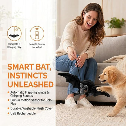 Interactive Flying Bat Dog Toy, Flapping Wings Cute Bat for Indoor Cats & Dogs, Automatic Flapping Wings with Chirping Sounds, Touch Activated, Rechargeable for Solo Play，Manual Switch
