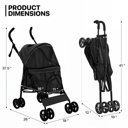 MoNiBloom 4 Wheels Pet Stroller, Easy-Fold Puppy Cage Jogger Stroller with Sun Cover, Pad and Rear Storage Bag, Breathable and Visible Mesh for Small/Medium Pets up to 22 lbs, Black