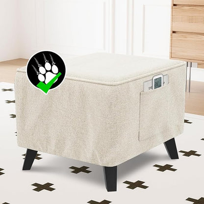 H.VERSAILTEX Durable Ottoman Cover Linen Look Storage Ottoman Slipcover Thick Footrest Stool Covers with Storage Side Pocket for Square Ottoman Fit Length 24"-25" Footrest - Heather Ivory