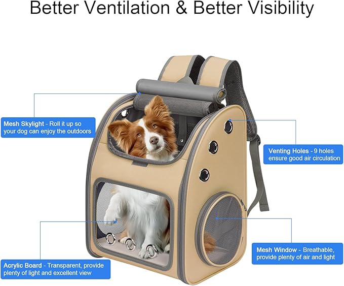 Expandable Pet Carrier Backpack for Cats, Dogs and Small Animals, Portable Pet Travel Carrier, Super Ventilated Design, Airline Approved, Ideal for Traveling/Hiking/Camping, Khaki