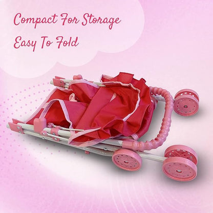 My First Baby Doll Stroller for Toddlers 3 Year Old Girls, Little Kids | Folding Baby Stroller for Dolls, Toy Stroller for Baby Dolls with Bottom Storage Basket, Foldable Frame, Canopy, Seatbelt