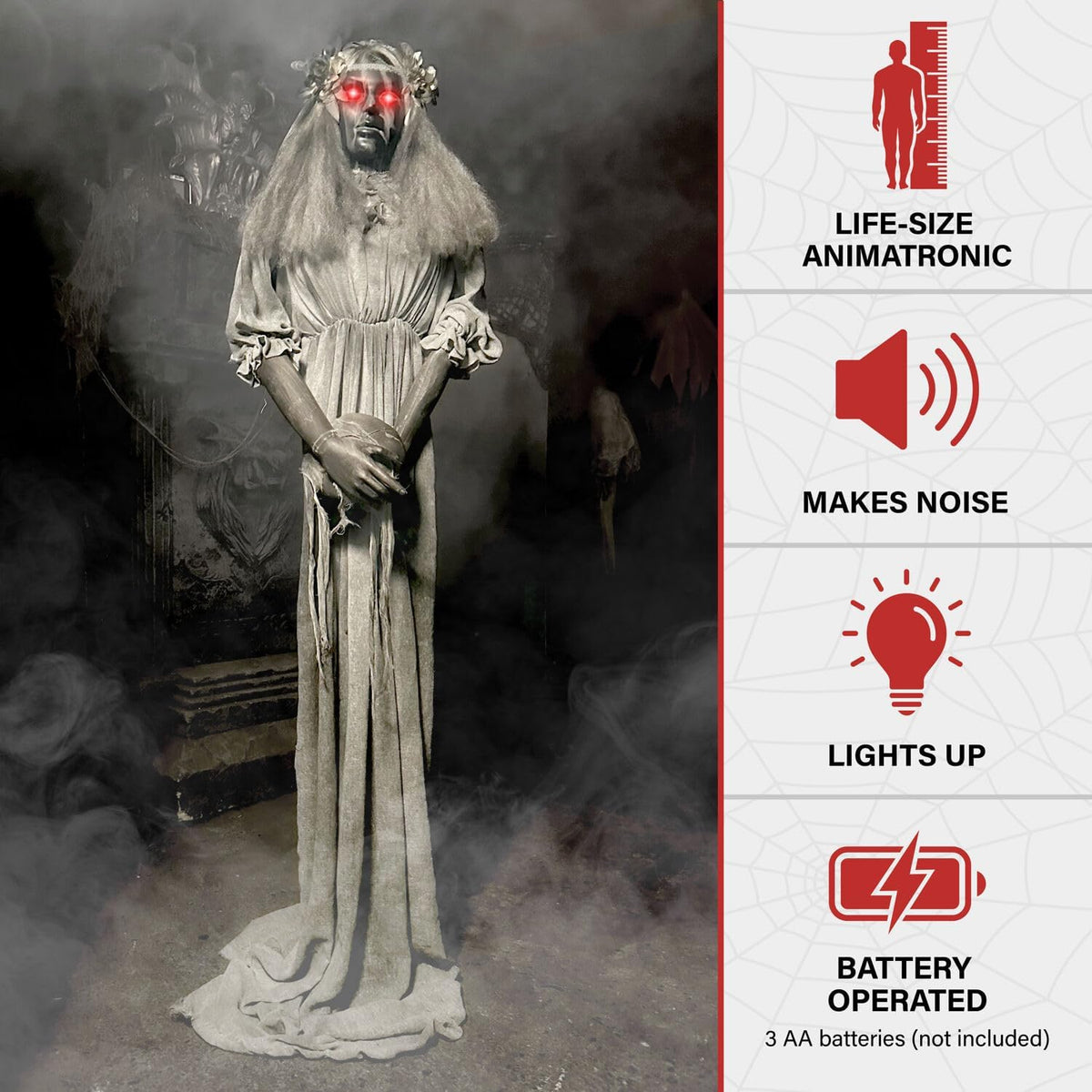 Haunted Hill Farm Lifesize Animatronic Scary Haunted Lady Statue with Touch Activated Lights and Sound, Battery-Operated Indoor or Covered Outdoor Halloween Decoration