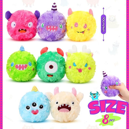 HyDren 8 Pack Soft Squeaky Dog Ball Toys 2 In1 Fuzzy 4" Dog Balls with Squeakers Plush Funny Puppy Ball Bulk Small Dog Valentine Toys Monster Dog Chewers for Small Medium Puppy Dog Pet (Cute)