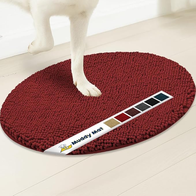 Muddy Mat® Shown on TV – Super Absorbent Microfiber Dog Door Mat for Muddy Paws, Non-Slip Washable Pet Rug, Quick Dry Chenille Entryway Carpet, Machine Washable Indoor Outdoor Mat, Red Oval 3ft x 5ft