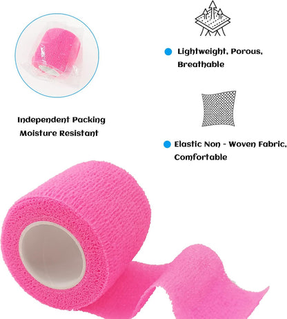 24 Rolls Pink Elastic Self Adhesive Bandage Wrap, Breathable Flexible Fabric Non Woven Cohesive Bandage, Ankle Sprains Swelling Medical First Aid Sports Athletic Tape, Dogs Pet Vet Wrap 2 in x 5 Yards