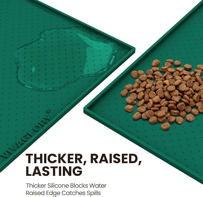 VIVAGLORY Dog Bowl Mat Grippymat Pet Food Mat, Waterproof Washable Nonslip Silicone for Pet & Cat, Food and Water Placemat with Lip & Raised Edges for Indoor Floor, L, Deep Green