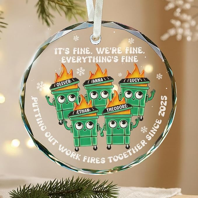 NAZENTI Personalized Fire Response Team Glass Ornament, Custom Flaming Dumpster Holiday Piece, Coworker Christmas Tree Hanging Decoration