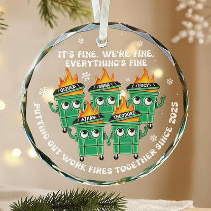 NAZENTI Personalized Fire Response Team Glass Ornament, Custom Flaming Dumpster Holiday Piece, Coworker Christmas Tree Hanging Decoration