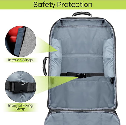 Padded Car Seat Travel Bag for Airplane, Heavy Duty Backpack for Air Travel, Water-Resistant Carrier with Shoulder Strap, Fits Most Car Seats (Grey+Black)