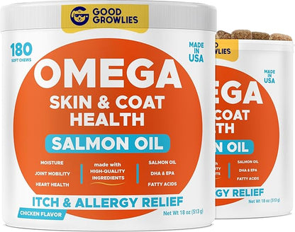 Omega 3 Fish Oil for Dogs (360Ct) - Skin&Coat Chews - Dry & Itchy Skin Relief + Allergy Support - Shiny Coat - EPA&DHA Fatty Acids - Salmon Oil Chews Promotes Heart, Hip & Joint Support