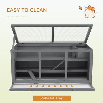 PawHut 45" Extra Large Wooden Hamster Cage, 3-Layer Chewproof Rat Cage with Opening Roof, Hut, Ramps, for Gerbil, Dwarf & Syrian Hamsters, Gray