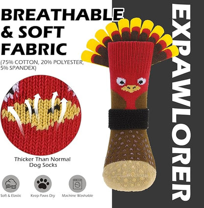 EXPAWLORER Thanksgiving Anti Slip Dog Socks to Prevent Licking Paws,Boots & Paw Protectors with Grippers,Doggie Booties for Hardwood Floors for Small Medium Large Senior Dogs Lifelike Costume Turkey S