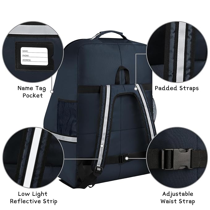 Car Seat Travel Bag - Padded Car Seat Carrier with Steel Cable Handle and Reflective Stripes, Large Durable Airport Gate Check Bag, Blue