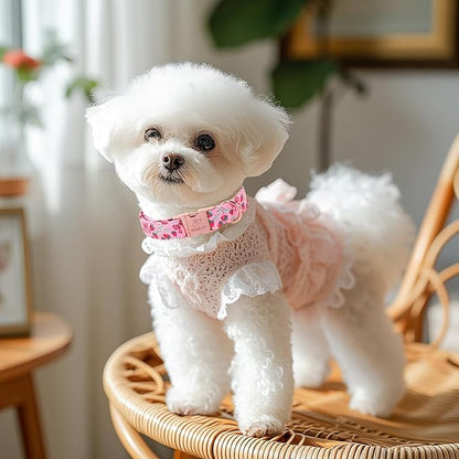 Strawberry Bow Dog Collar, Spring/Summer Pink Girl Dog Collars, Adjustable Heavy Duty Girly Female Dogs Collars for Small Medium Large Dogs with Metal Buckle XS