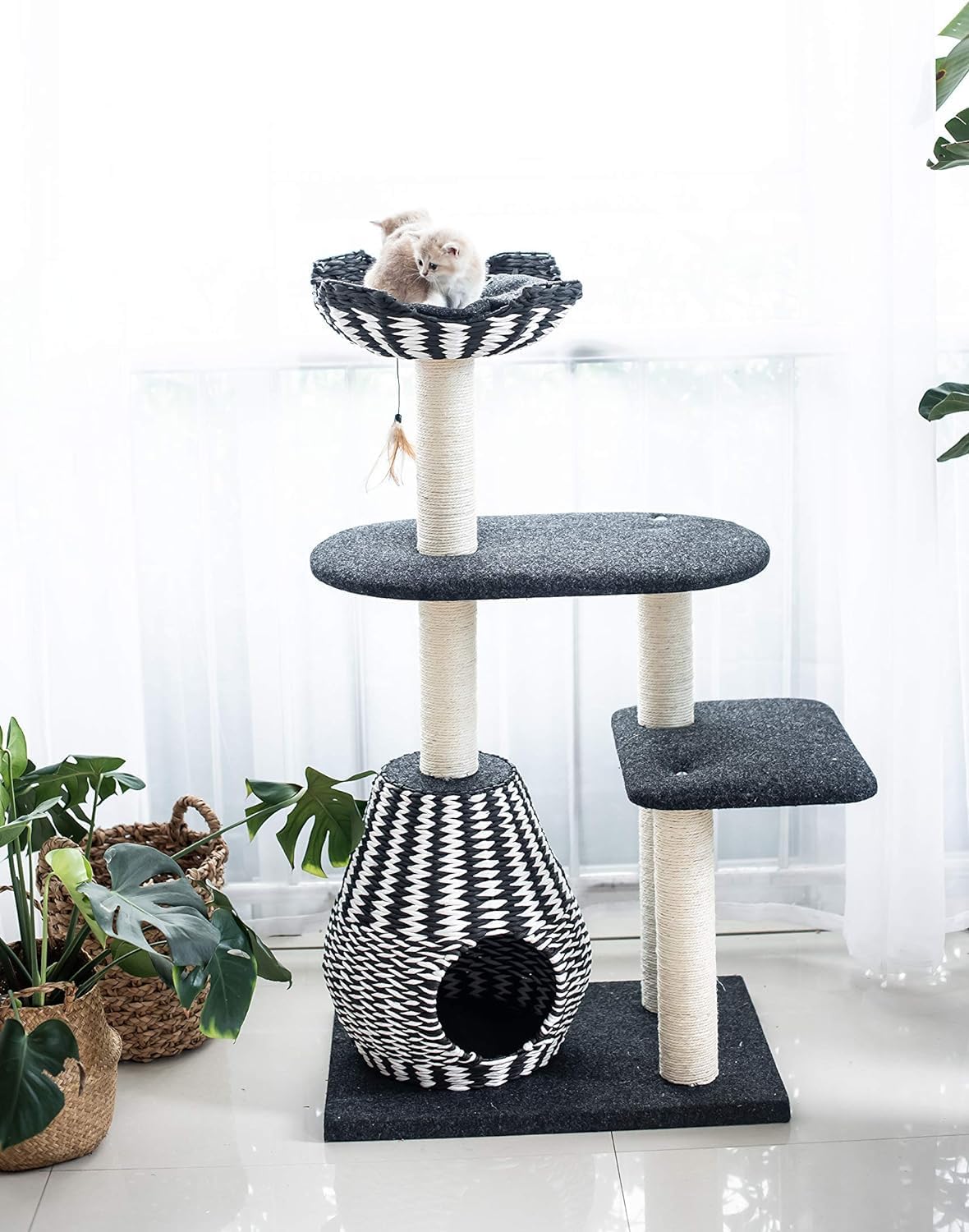 PetPals Ace 4-Level Multi-Activity Cat Tree with Handwoven Recycled Paper Rope Condo and Top Nest Bed, Replaceable Sisal Scratching Posts, Feather Teaser Toy, Black & White