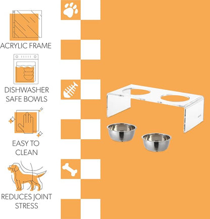 DBL2000A Keaton 5" Small/Medium Modern Lucite Rectangular Elevated Pet Feeder with 20oz 2-Stainless Steel Bowls, Clear/Chrome