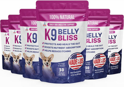 K9 Belly Bliss, All-Natural Gut Health for Dogs, Vet Approved Prebiotic for Dogs for Daily Digestive Support & Dog Constipation Relief, Topper for Dry & Wet Food, 6 Pack with 30 Scoops Each.