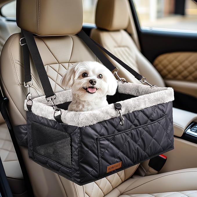 Upgrade Dog Booster Seat for Small Dogs,Small Dog Car Seat with Sturdy Metal Frame and Waterproof Leather Material for Small Pets up 20 lbs,Portable Travel Carrier with Storage Pocket