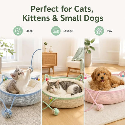 Handwoven Cotton Rope Cat Basket Bed with Hanging Ball Toy (Blue, Large) | cat bed, woven cat basket, kitten bed, small dog bed, cat toy ball, all season pet bed, washable cat cushion
