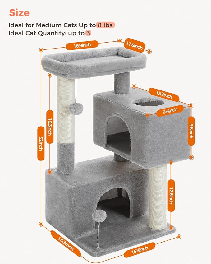 32" Cat Tree Tower for Indoor Cats - 2 Cozy Condos, Multi-Level Cat Scratching Posts with Sisal, Soft Padded Perch, 2 Dangling Toys, Light Grey