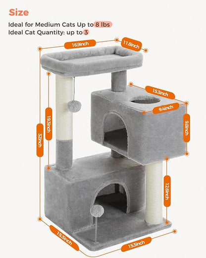 32" Cat Tree Tower for Indoor Cats - 2 Cozy Condos, Multi-Level Cat Scratching Posts with Sisal, Soft Padded Perch, 2 Dangling Toys, Light Grey
