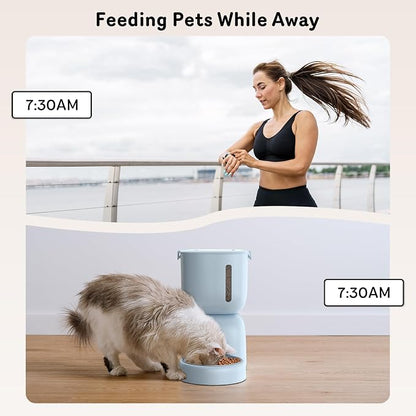 Automatic Cat Feeder and Water Dispenser FW1, Wire or Battery Cat Food Dispenser Timer Pet Feeder - Locking Lid, Desiccant Bag, Programmable Portion Control, 4 Daily Meals, 10s Voice Recorder-Blue