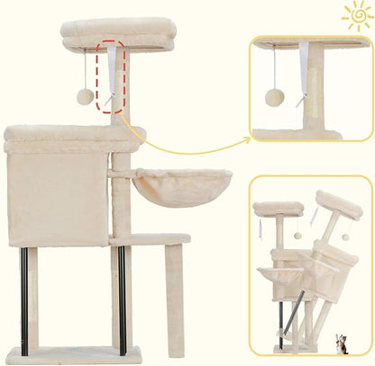 Hey-brother Cat Tree Tower, Scratching Posts with Cozy Condo, Padded Bed, Hammock, Plush Perch, Sisal Post and Ball for Indoor Kittens, 44.9 Inches, Beige MPJ009SM