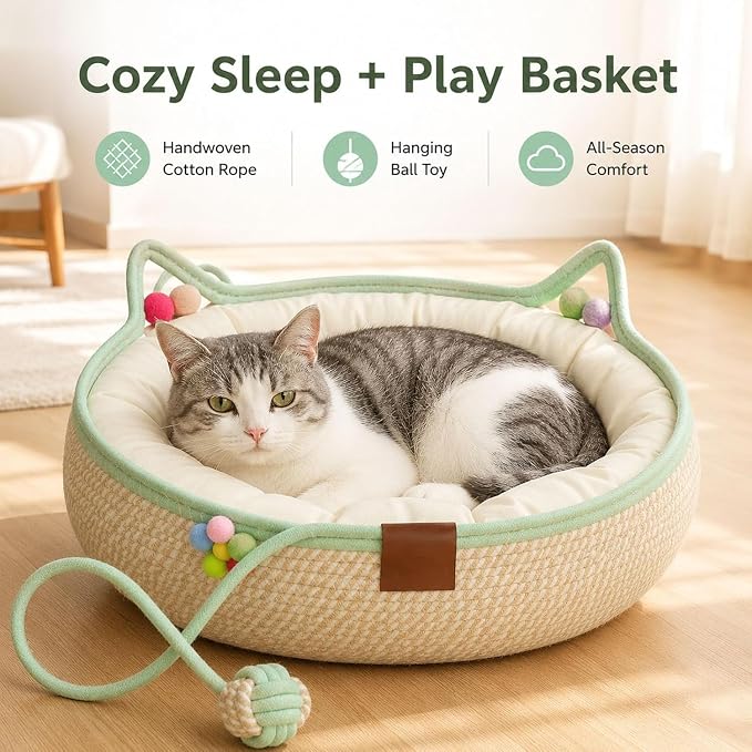 Handwoven Cotton Rope Cat Basket Bed with Hanging Ball Toy (Pink, Small) | cat bed, woven cat basket, kitten bed, small dog bed, cat toy ball, all season pet bed, washable cat cushion