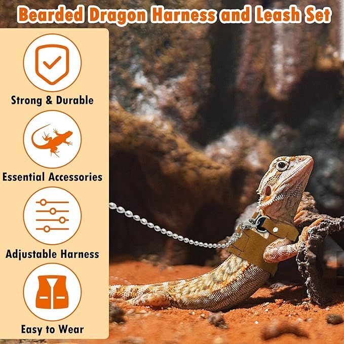 PINVNBY Bearded Dragon Leash and Harness Set - Adjustable with Lizard Traction Rope and Mini Scooter Toy for Reptile Outdoor Walking - 3 Sizes
