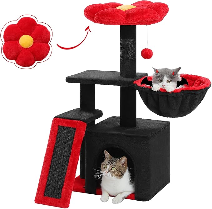 PETEPELA Gothic Cat Tree for Indoor Cats, 31.5'' Small Flower Cat Tower Condo with Sisal Scratching Ramp, Cozy Hammock and Removable Flower Cat Bed Perch for Kittens, Black