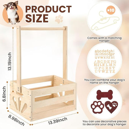 Teenyyou 20 x 13 x 9 Wooden Dog Closet Pet Wardrobe Crate Box with Hanging Rods and Personalized Alphabet Letters Easy Assembly Baskets for Dog Cat Toys Clothes Accessories(Wood)