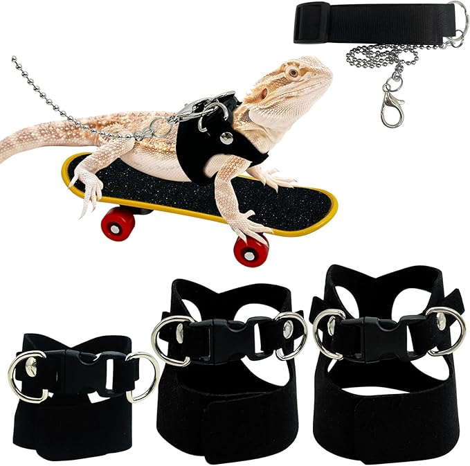 PINVNBY 3 Size Bearded Dragon Harness and Leash Set Adjustable Soft Leather Lizard Leash with Traction Rope Mini Skateboard Toy for Small Animal Reptile Reptile Walking Outdoor Adventures (Black)
