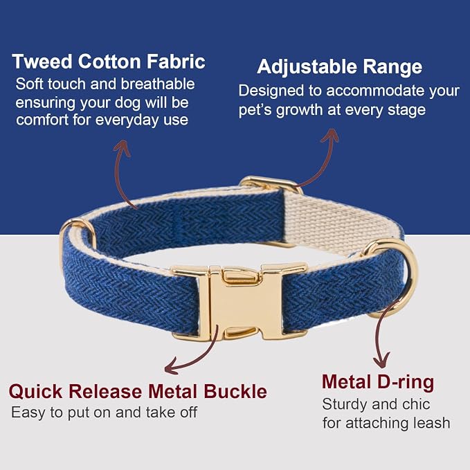 Soft Cotton Hemp Dog Collar with Metal Buckle Adjustable Tweed Dog Collars for Small Medium Large Dogs(Royal Blue,Large)