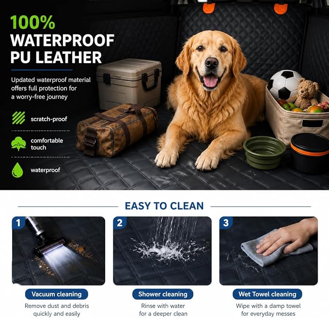 SUV Cargo Liner for Dogs,60/40 Split Seat Access,Waterproof Dog Trunk Cover | Feature: 60/40 Split Access | Material: Waterproof PU Leather | Protection: 15.75" Side Flaps & 19.69" Bumper Flap