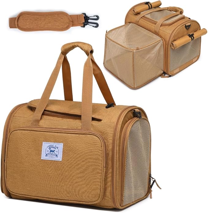 Pet Backpack Carrier for Small Dogs Medium Cats, Puppies,Breathable and Collapsible Design, Portable Travel Bag for Bearded Dragon,Rabbit Cage (Brown +One-Shoulder, Small)