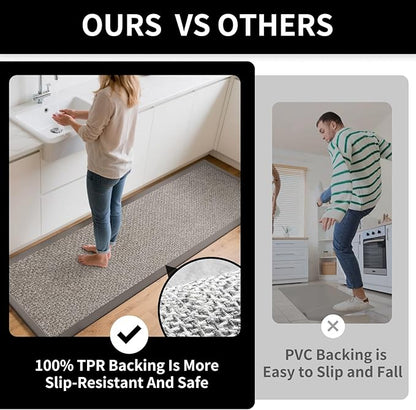 Kitchen Rugs Non Slip Washable, Super Absorbent Kitchen Mats for Floor, Rubber Backing Jute-Like Braid Kitchen Sink Mat Runner Rug Standing Mat, Easy to Clean, Gray 17"x47"