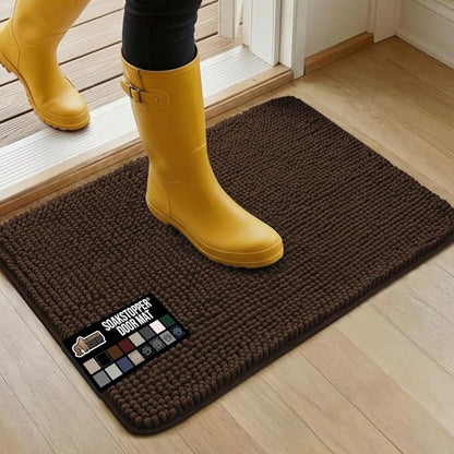 GORILLA GRIP SoakSTOPPER Dog Door Mat, 30x20 Machine Washable Rug Absorbent Doormat Captures Moisture Mud Dirt, Quick Dry Soft Chenille Entryway Rugs Indoor Entrance Mats for Dog Paws, Brown