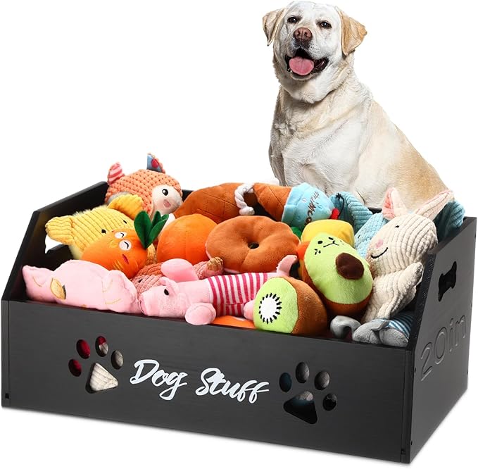 Leinuosen Large Dog Toy Bin Basket, 20 Inch Large Stuff Toy Storage Basket Bin with Bone Handle Cutout Pattern Pine Container for Organizing and Storage Dog Leash Chew Toys(Black, Undivided)
